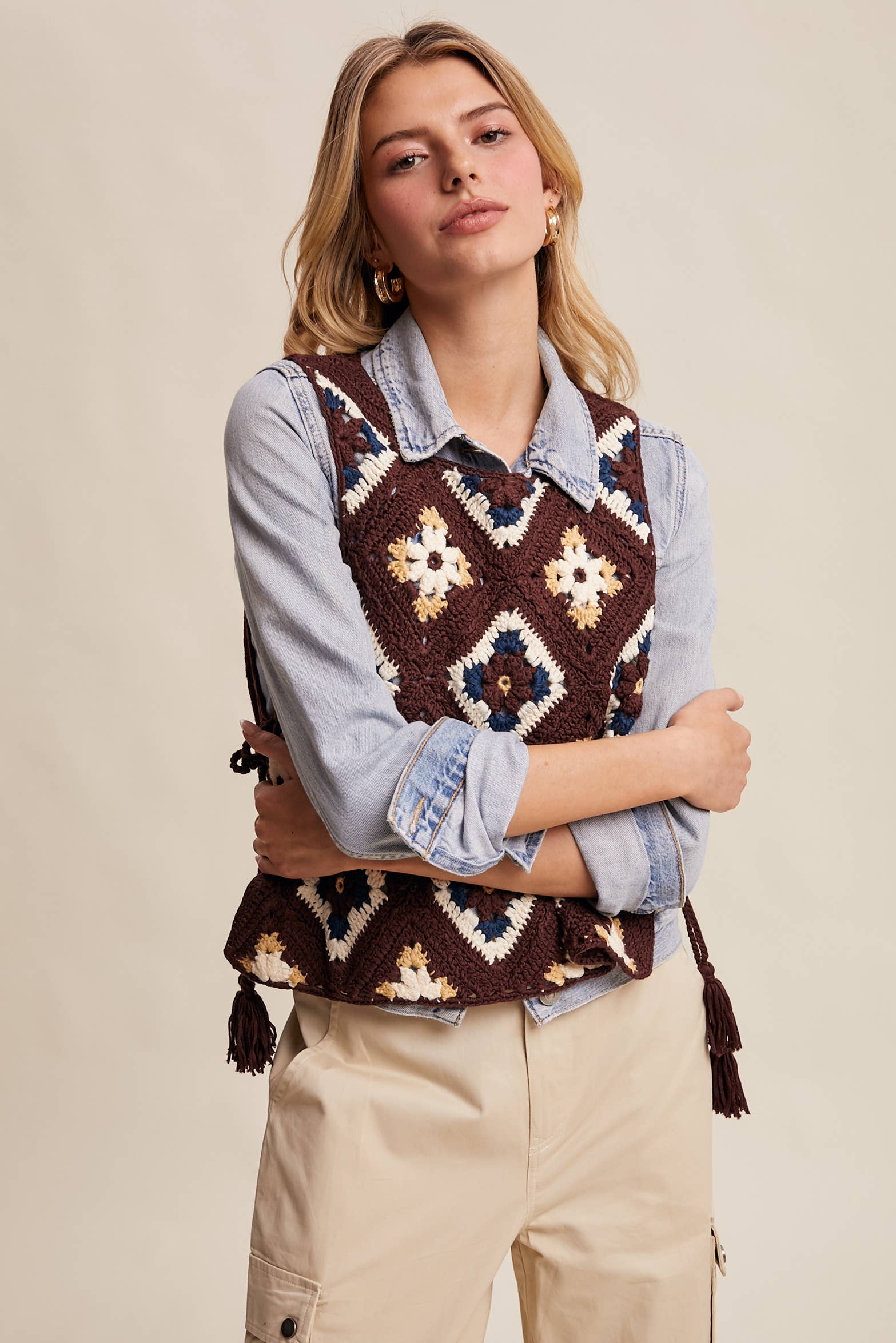Listicle - Wholesale Sweater Vest - Women's - Crochet Granny Square Tassel Tie Vest LSW10064