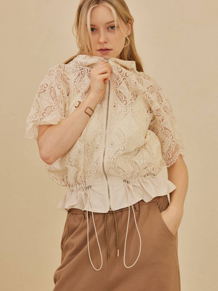 Ivory Zip Up Laced Short Sleeve Top with Hoodie for wholesale on Faire