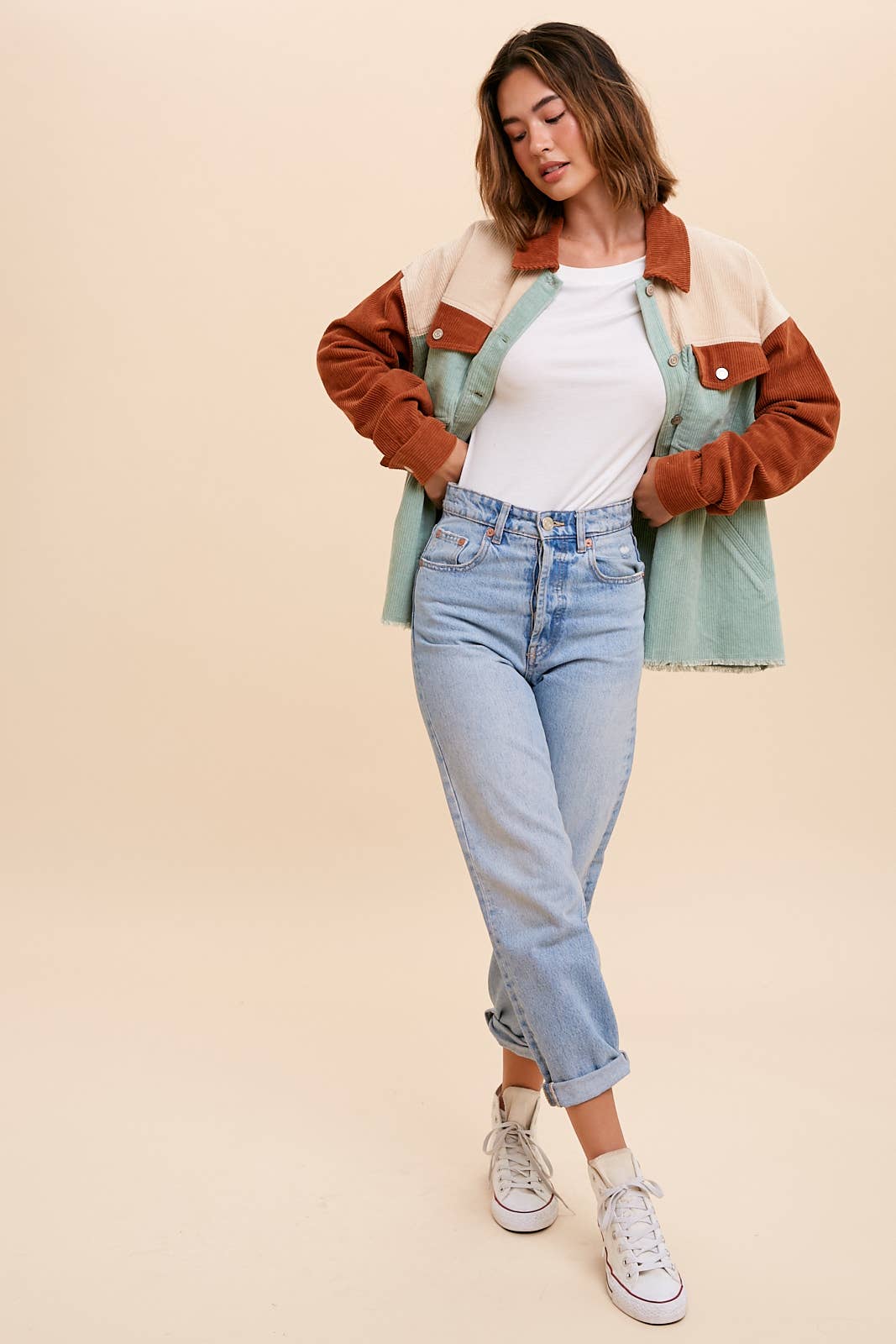 SAGE RUST COLOR BLOCK CORDUROY SHACKET for wholesale on Faire