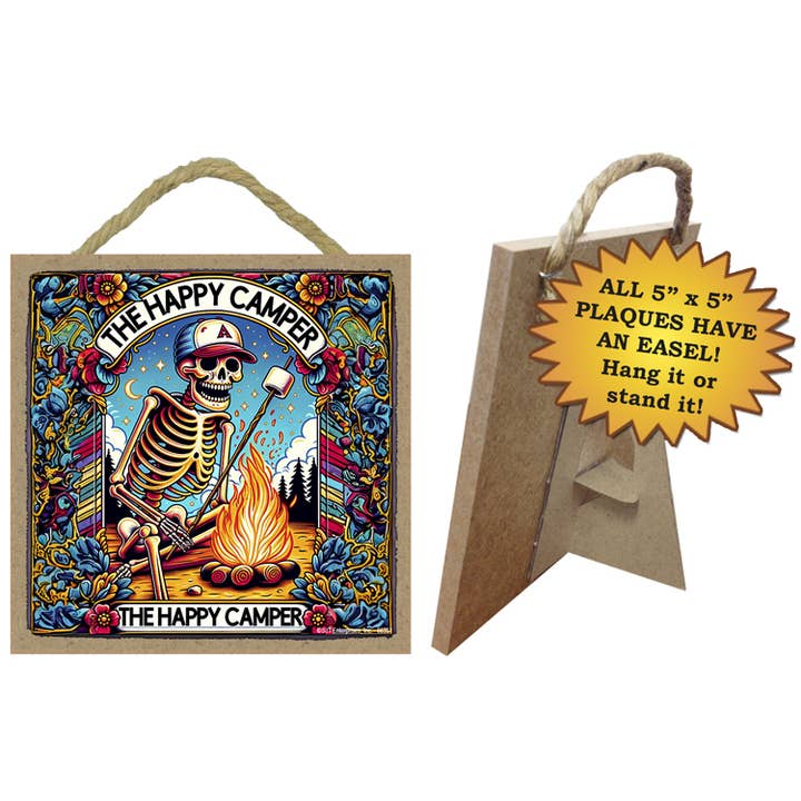The Happy Camper Tarot card styled artwork 5" x 5" wood sign for wholesale by SJT Enterprises, Inc.