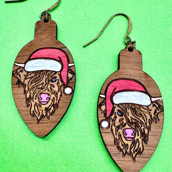 Christmas Highland Cow Handmade Wood Earrings for wholesale by The Poppy Peach, LLC.
