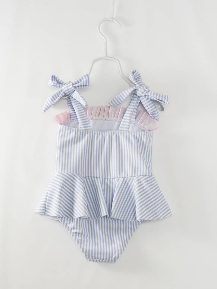 littleoneusa - Wholesale One Piece Swimsuit - Kids - Blue Stripe Strawberry Ruffle Girl One Piece Swimsuit