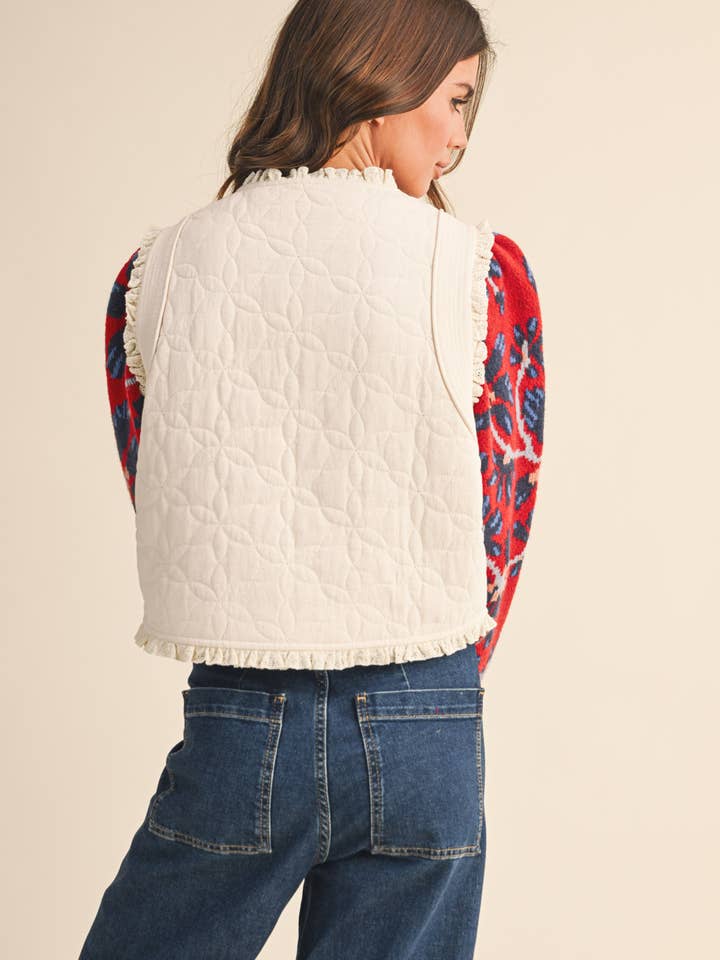 &MERCI - Wholesale Outerwear Vest - Women's - FLORAL QUILTED LACE TRIM BOW TYING VEST MJK41133