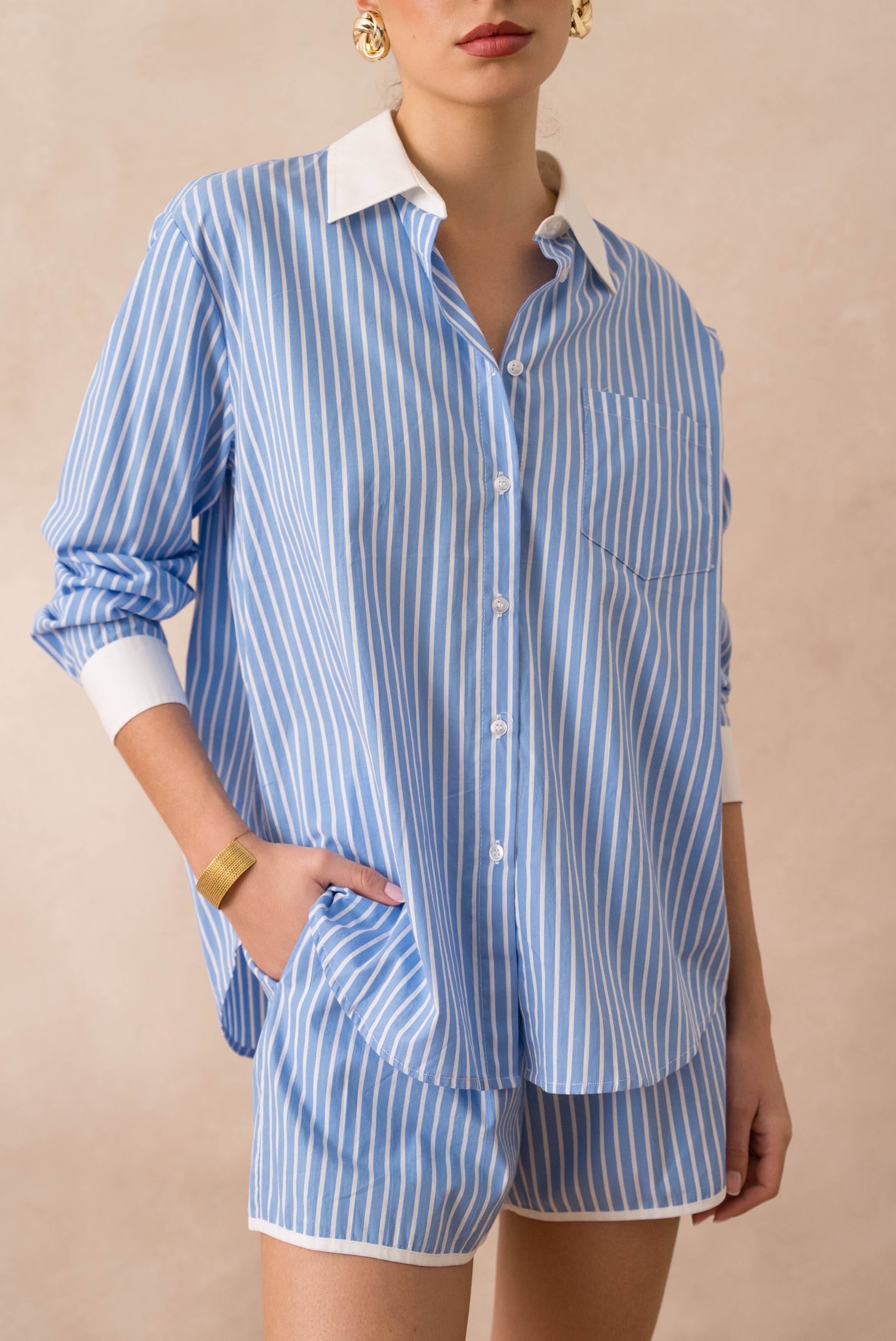 Attentif Paris - Wholesale Button Down Shirt - Women's - Striped cotton shirt with white collar and sleeves12