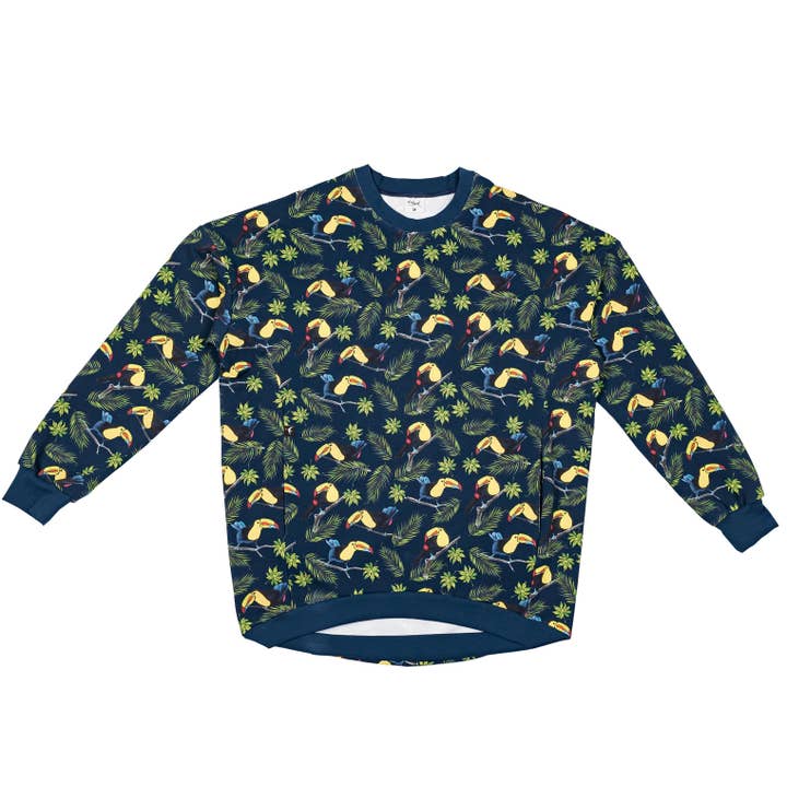 Warm sweater with toucan print, blue for wholesale by Beek