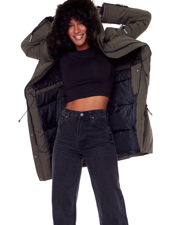 LAURENTIAN | WOMEN'S VEGAN DOWN (RECYCLED) LONG PARKA, OLIVE for wholesale on Faire4