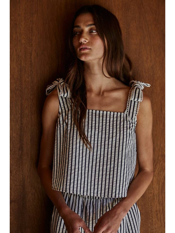 Ivory Denim L8477 | Woven Striped Sleeveless Tie Strap Crop Top for wholesale on Faire