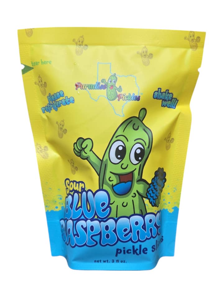Sour Blue Raspberry Pickle Snacks! for wholesale by Paradise Pickles LLC