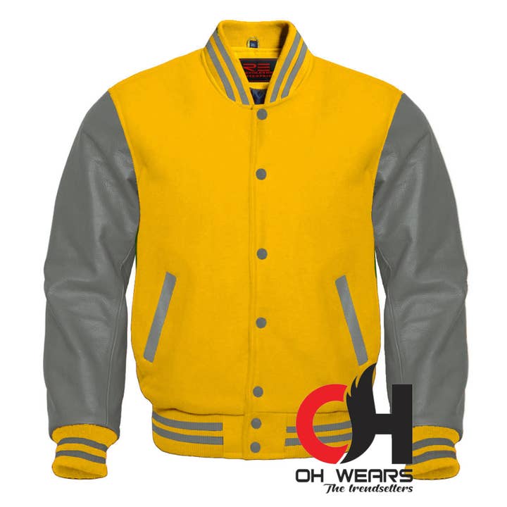 Veste universitaire en laine jaune et manches en cuir véritable gris pour la vente par OH Wears