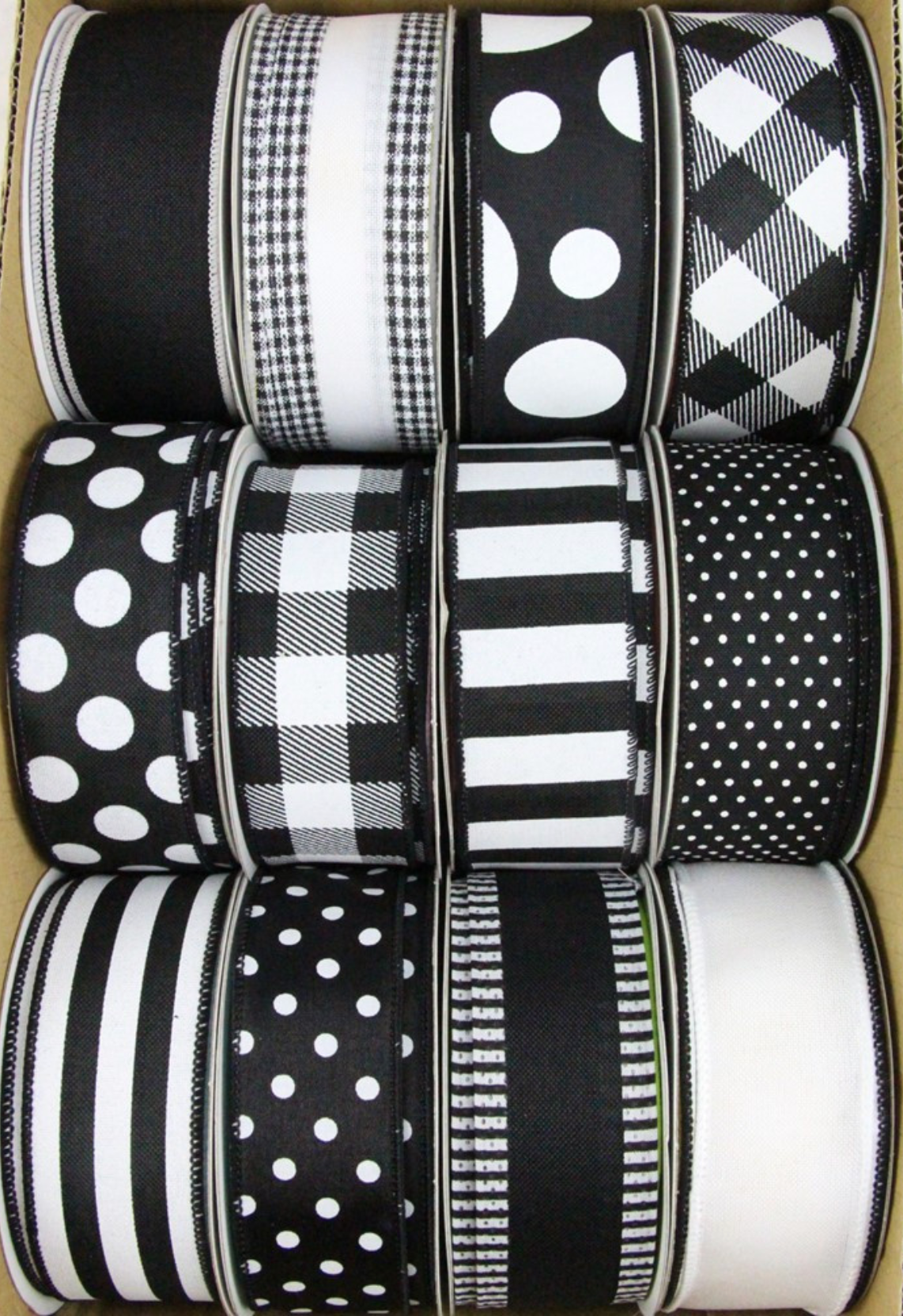 Thompson Wholesale - Wholesale Ribbon - Gift Wrapping - Black & White 1.5" Wired Ribbon -- 12 Pack1