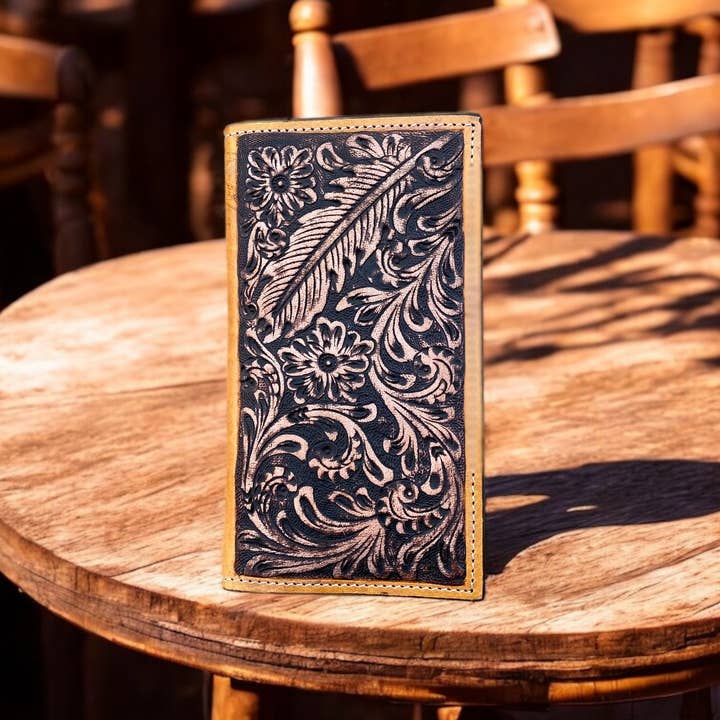 Western Linens - Wholesale Wallet - Men's - Feather Tooled Leather Men's Checkbook Wallet