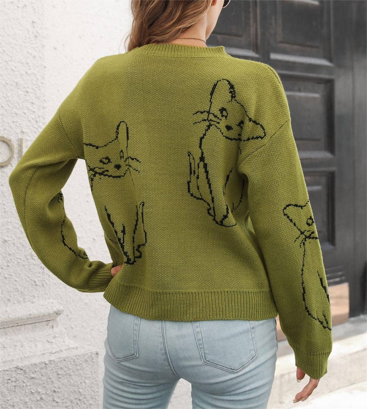 Rosa Clothing - Vente Pull en maille – femme - Pull jacquard tricoté à motif animaux chat13