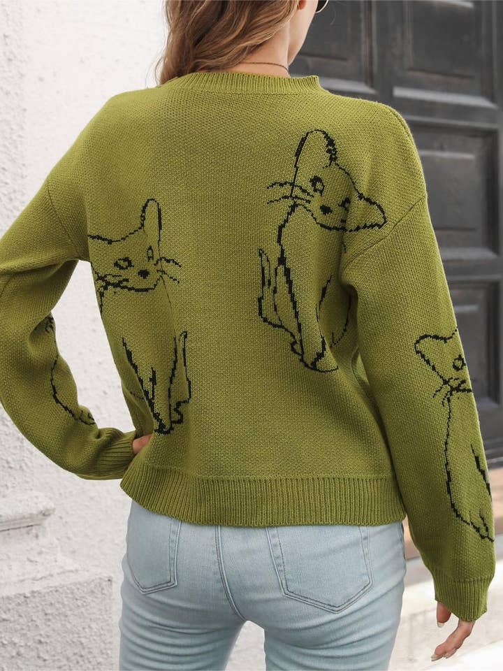 Rosa Clothing - Wholesale Knit Sweater - Women's - Animals cat jacquard jumper knitted sweater13