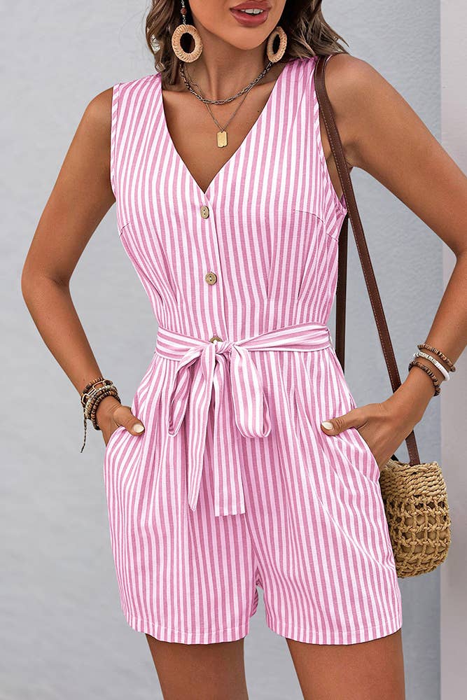 UNISHE - Wholesale Romper - Women's - V-neck Sleeveless Striped Jumpsuit BFZY13004