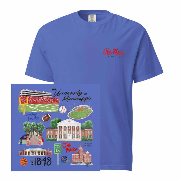 Carper Creative Co. - Wholesale Screen Printed T-Shirt - Unisex - Ole Miss Watercolor Art Collage T-shirt - Comfort Colors