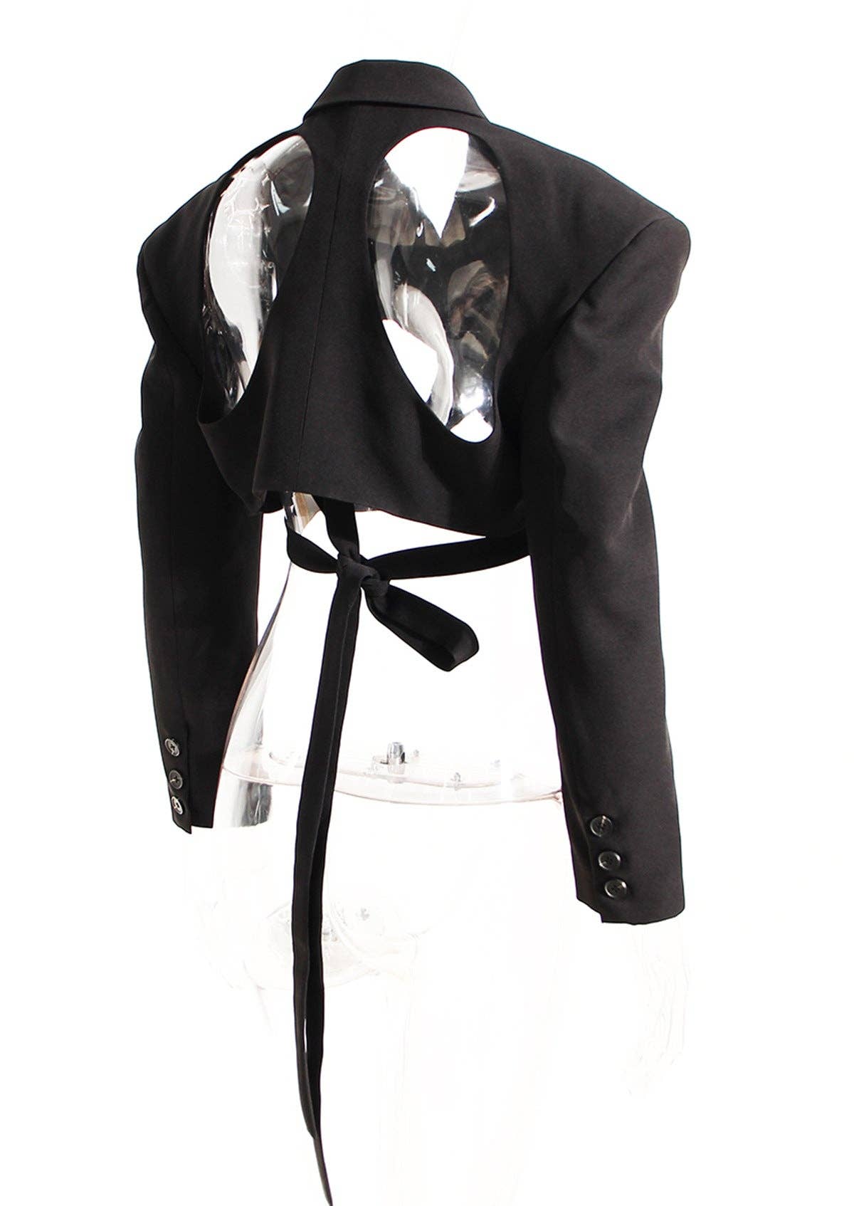 Svart M10 Texturerad Svart Kavaj med Öppen Rygg och Midjeband för wholesale på Faire4