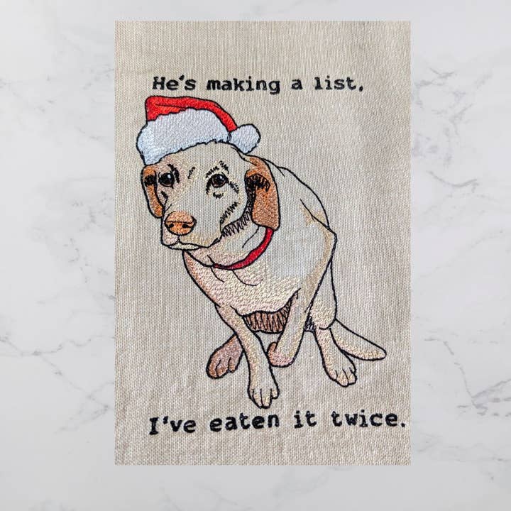 Sheryl's Stitchery Niche - Wholesale Tea Towel - He's Making a List, Christmas Dog, Kitchen Decor