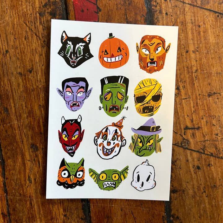 Halloween-masker postkort for engroshandel hos Dick Vincent Illustrations