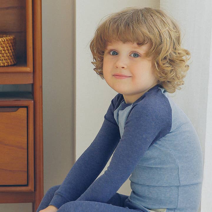 New Melange raglan Blue&Navy Boys Girls Long Sleeve PJs for wholesale by Vaenait Baby