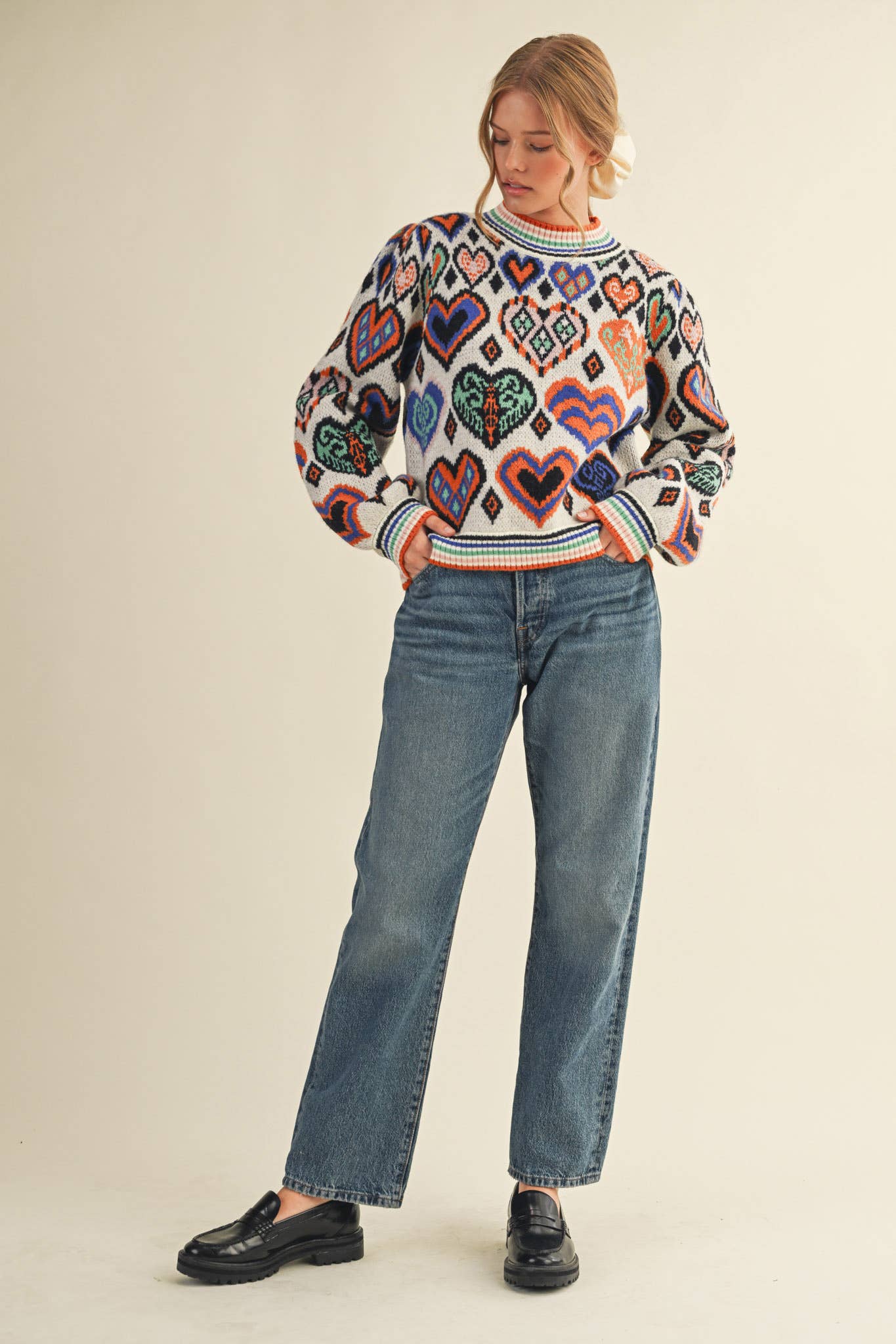 &MERCI - Wholesale Knit Sweater - Women's - HEART PATTERN PULLOVER SWEATER MSW1091334