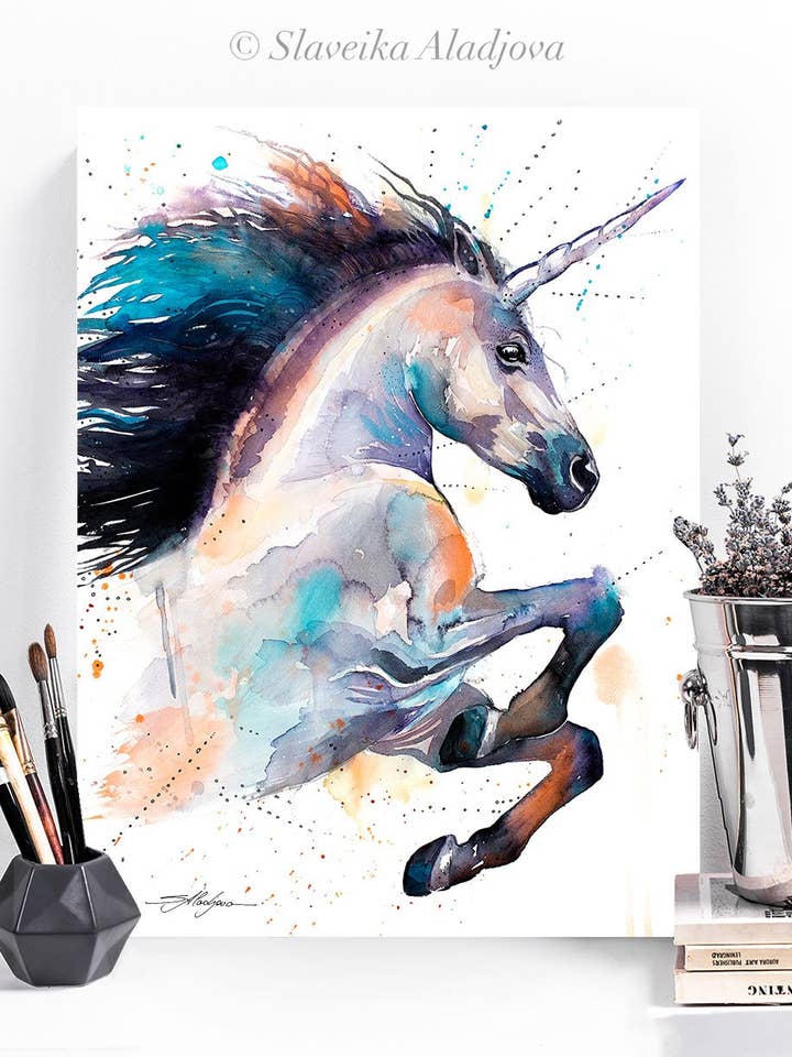 Unicorn, Horse Watercolor Painting Print, animal art, poster for wholesale by Slaveika Aladjova