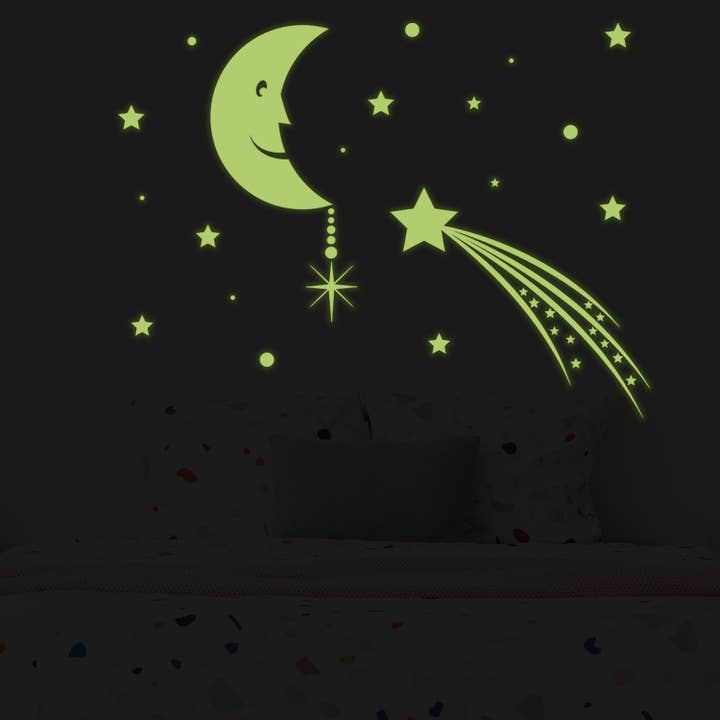 Glowing Moon with Stars Sky Sticker - Glow in the Dark Falling Star Decor Decals for wholesale by Decords
