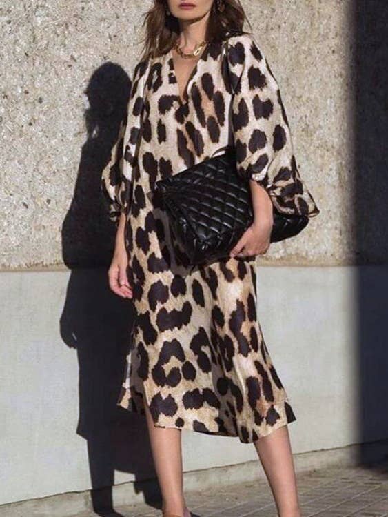 Chic Leopard Print V-Neck Batwing Sleeve Dress for wholesale on Faire1
