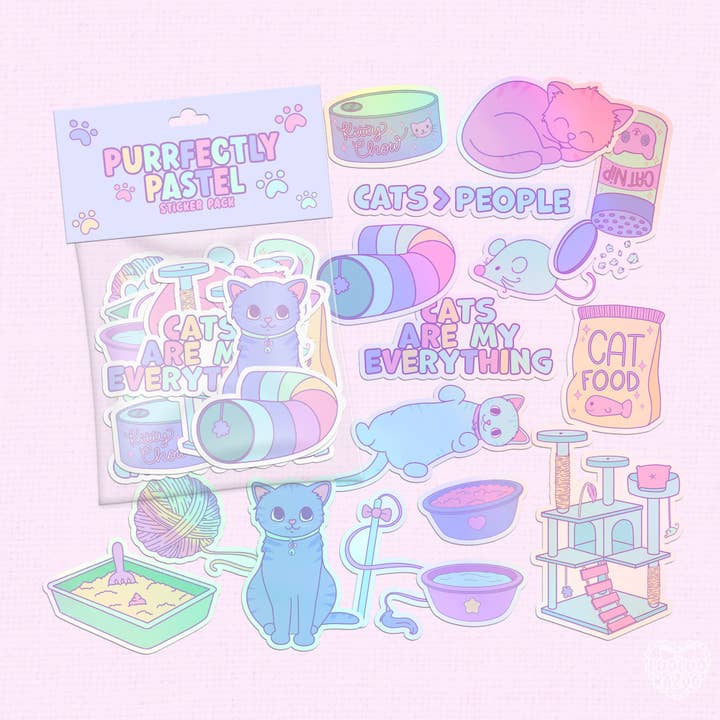 Pastel Cat Lover Holographic or Matte Sticker Pack for wholesale by LooLooKazoo