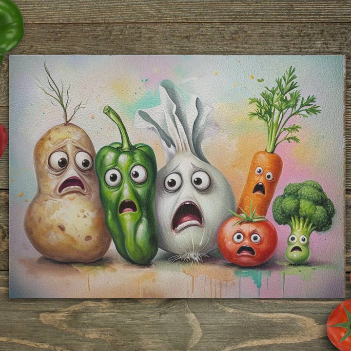 Scared Vegetables Glass Cutting Board for wholesale by Beautiful Creations by Laney