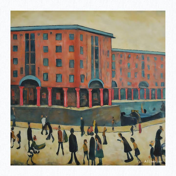 Albert Dock, Liverpool - Giclée Art Print 21cm Square. Fabulous Image in the Style Of LS Lowry for wholesale by AI Lowry