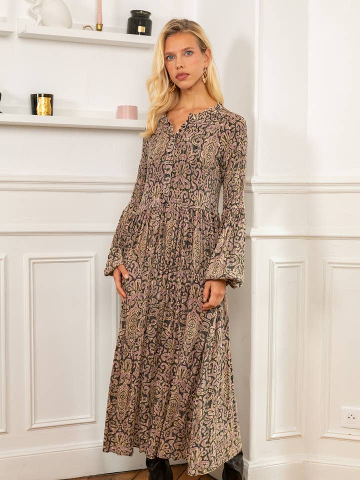 Lange jurk met Lurex-print, uitlopende pasvorm met ruches voor wholesale door last queen