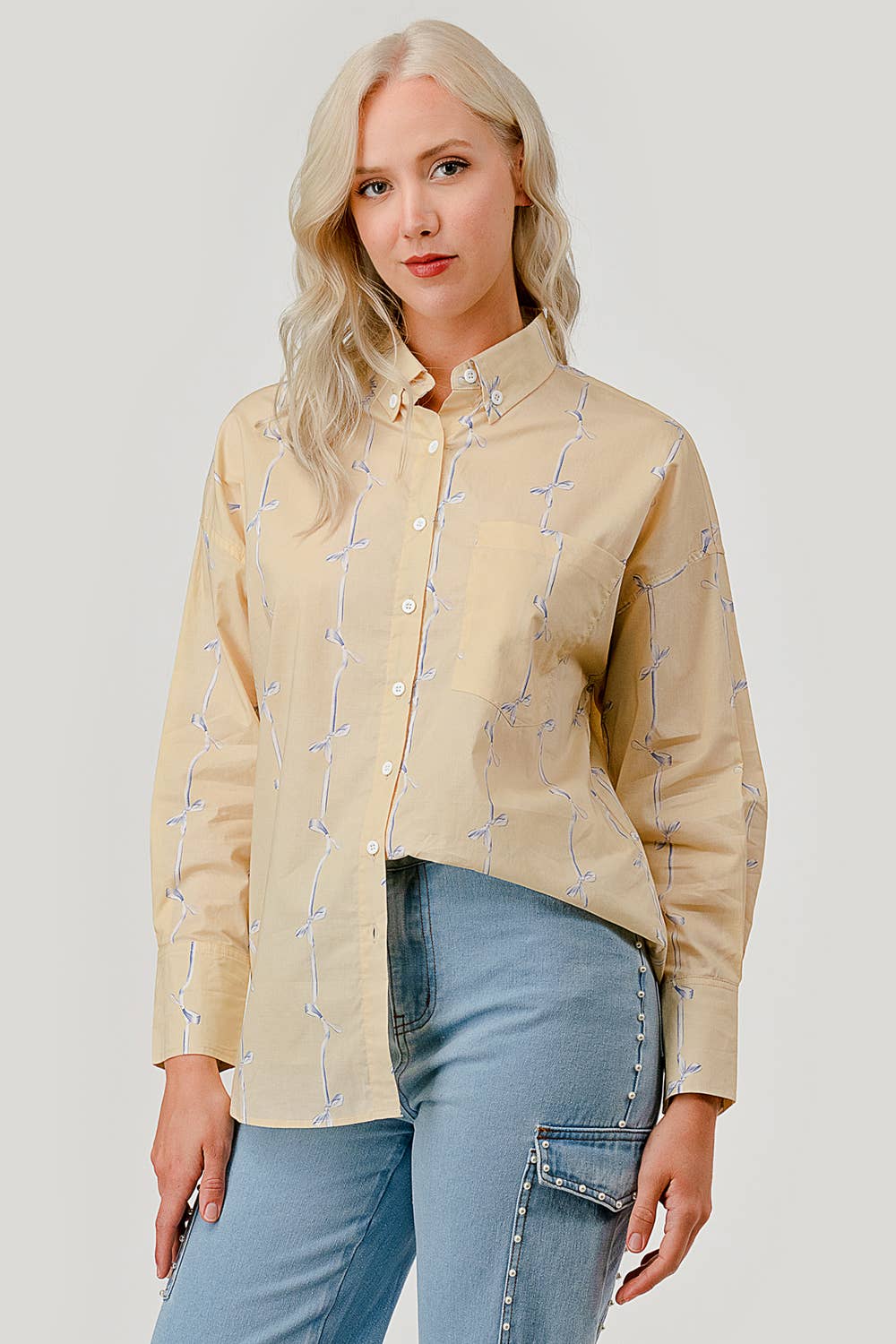 GeeGee x Lovelo - Wholesale Button Down Shirt - Women's - Ribbon Stripe Pattern Button-Up Shirt, OT509186