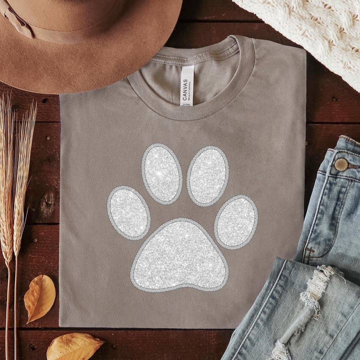 Faux Embroidery White Glitter Paw DTF Print for wholesale by Simple Tymes