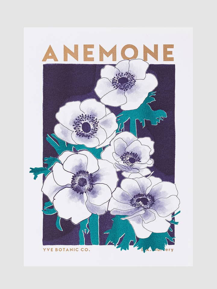 Stampa risografica con fiori di anemone per la vendita all'ingrosso da parte di Eve Print Studio.