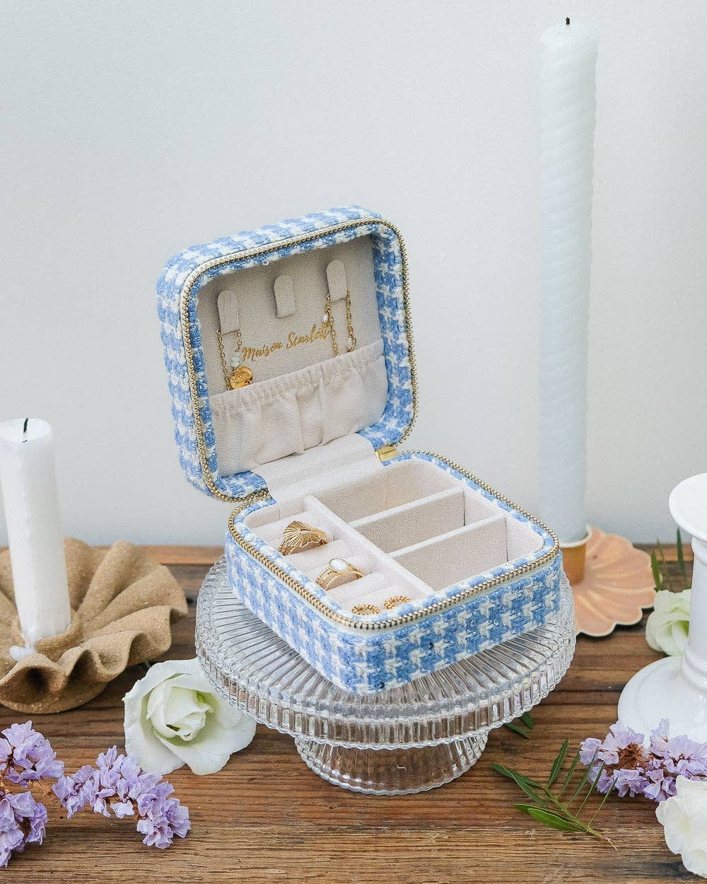 Maison Scarlett - Vente Boîte/rangement à bijoux - Boîte à bijoux de voyage Corinne en pied-de-poule7