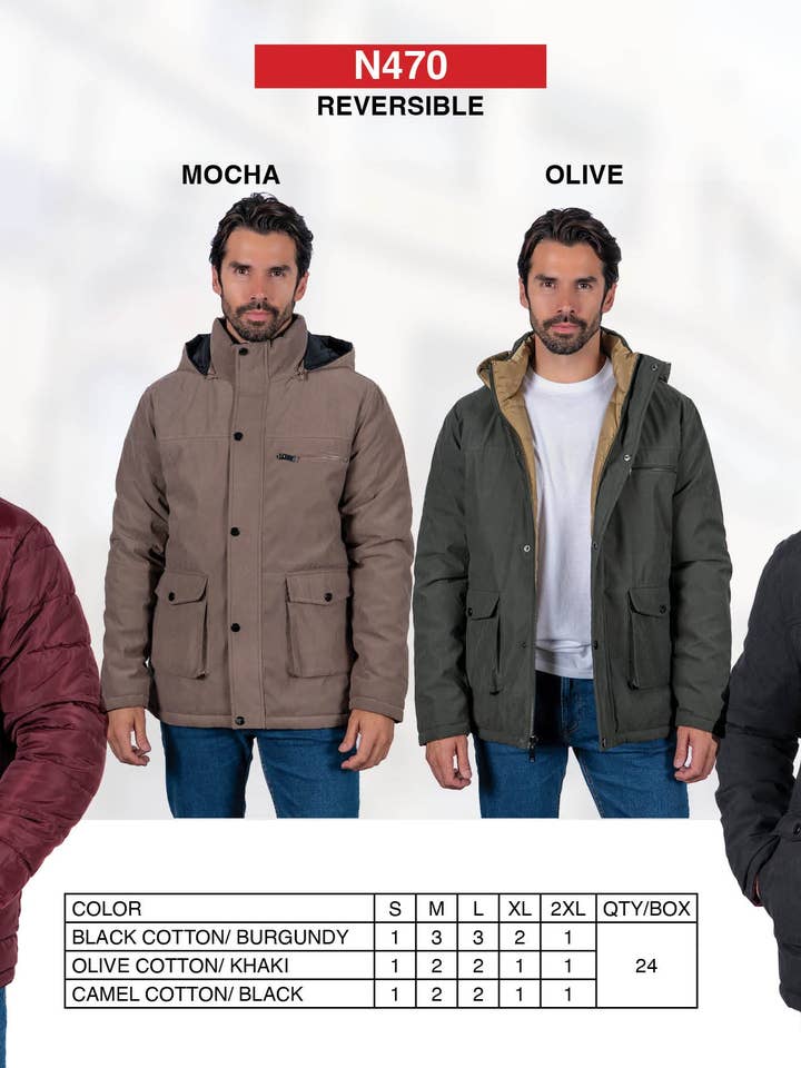 BLACK COTTON BURGUNDY OLIVE COTTON KHAKI CAMEL COTTON BLACK Men's Reversible Padded Durable Jacket for wholesale on Faire6