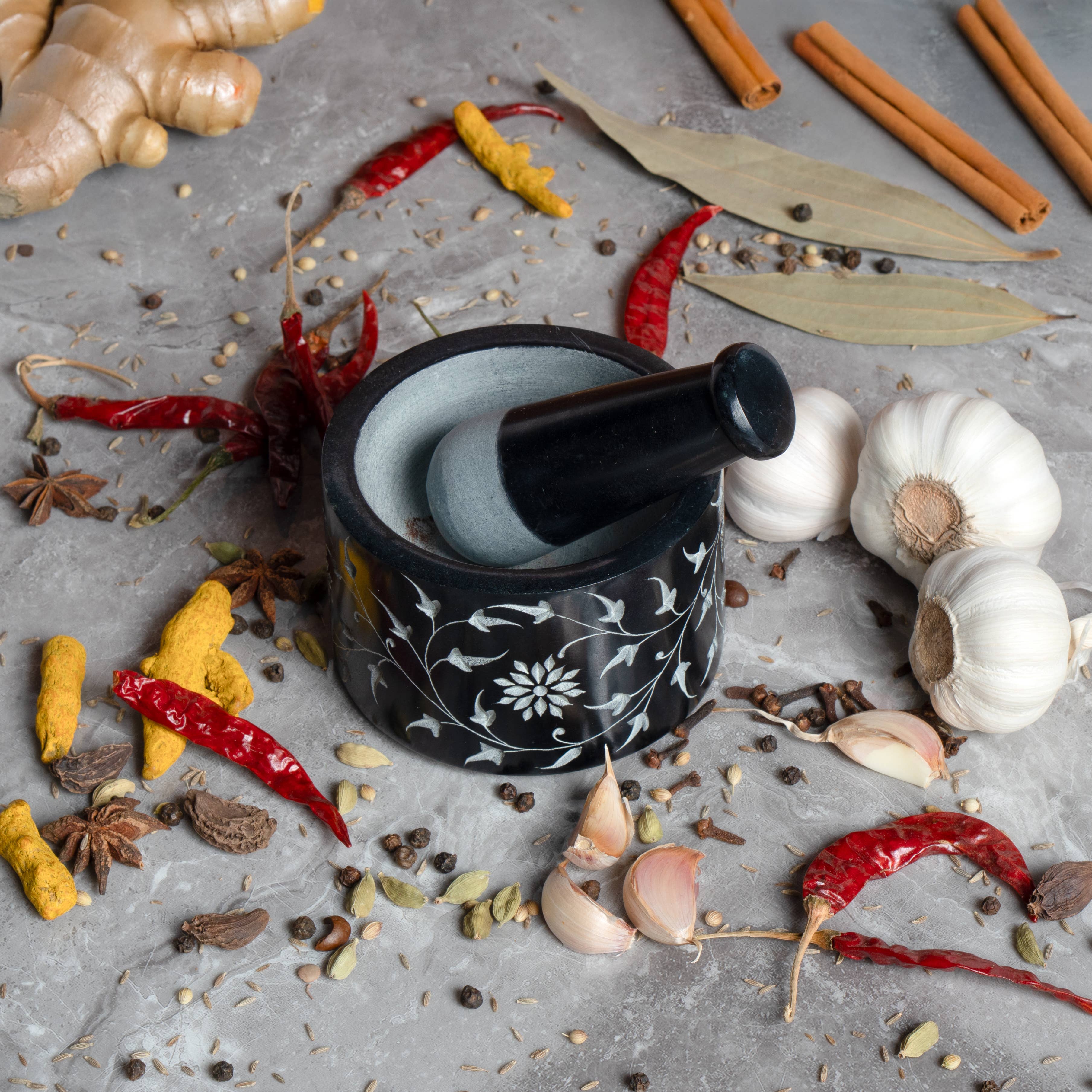 Valor Home Goods - Wholesale Mortar & pestle - Floral Leaf Mortar & Pestle - Hand-Carved Spice Crusher8