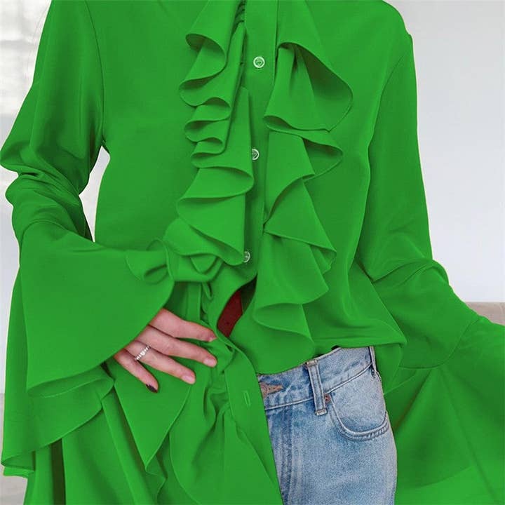 Sheer Trend - Wholesale Blouse - Women's - Round Neck Bell Sleeve Ruffle Trim Women's Blouse