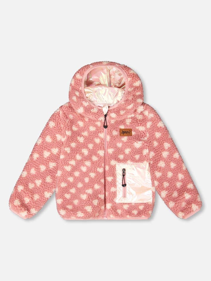 Reversible Mid-Season Sherpa Jacket Pink Heart for wholesale by Deux par Deux