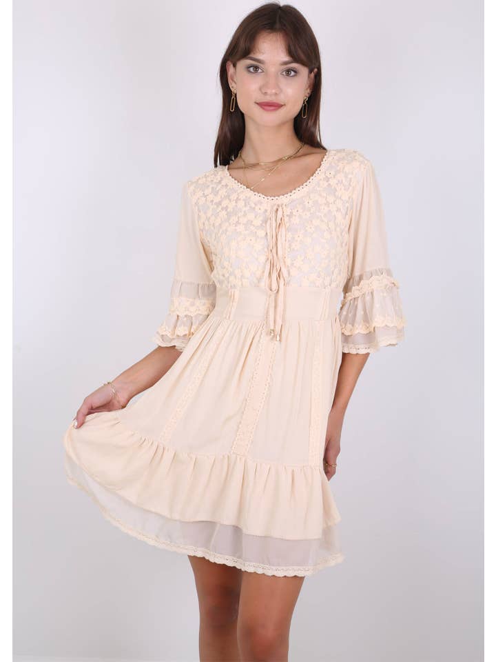 Anna Kaci Wholesale - Wholesale Dress - Women's - Boho Peasant Floral Lace Ruffle Hem Bell Sleeve Mini Dress