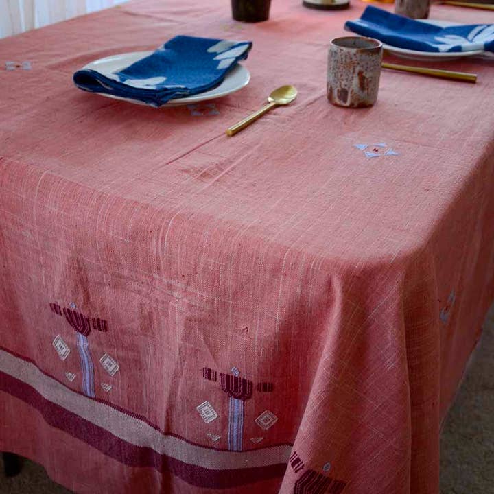 Ichcha - Wholesale Tablecloth - Pink Handwoven Organic Cotton Tablecloth | Indian Summer
