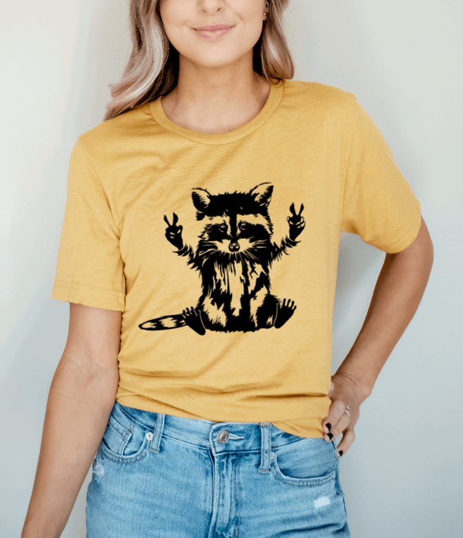 Tron Tron Graphic Wear – wholesale Screen printed t-shirt – Women′s – Peace Loving Raccoon Tee 10