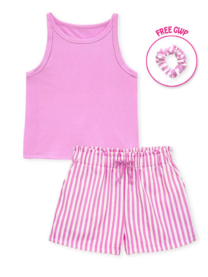 Conjunto corto de rayas para niña GKSS-Y26-38185 con coletero a juego para venta al por mayor de Cutie Patootie Clothing