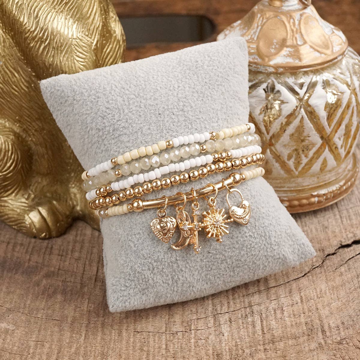 PennyLine inc - Wholesale Beaded Bracelet - Charmed Whimsy – Set of 5 Mint & White Beaded Bracelets with Golden Charm Bar1