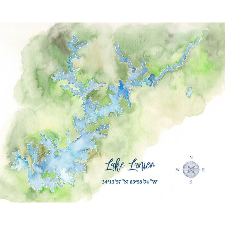 Lake Lanier GA Hand-painted Watercolor Map - Art Print for wholesale by Molly Joseph Fine Art
