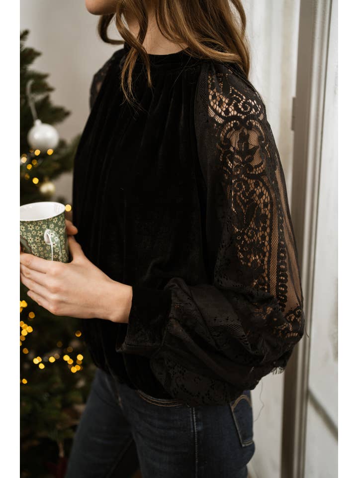 Black Two-material velvet blouse with lace sleeves - 80815 for wholesale on Faire