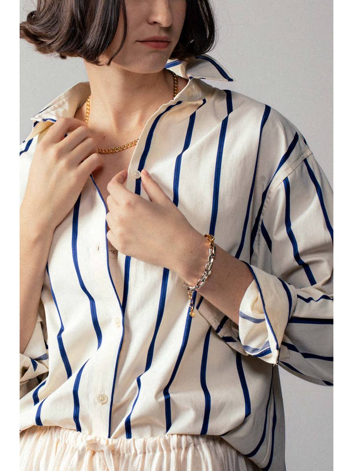 IVORY BLUE Oversized Coastal Stripe Button-Down Shirt for wholesale on Faire