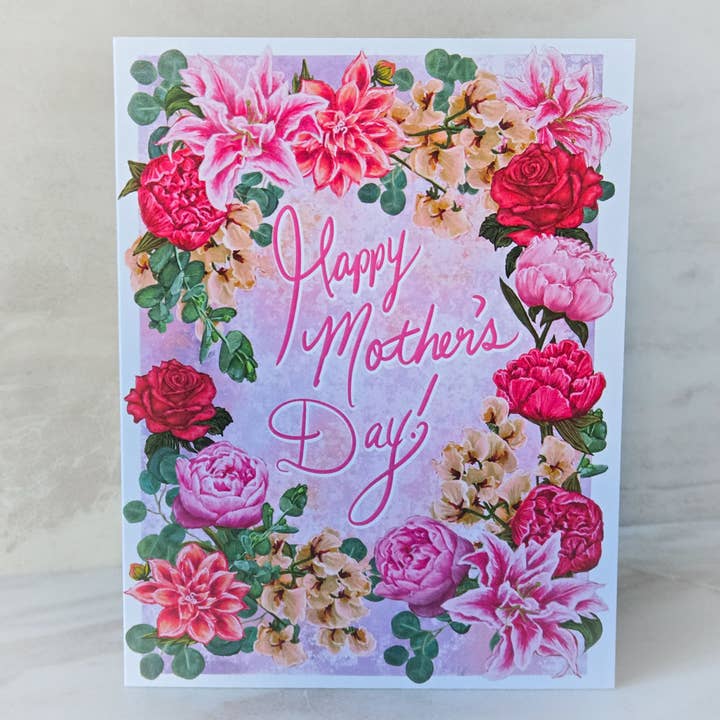 Happy Mother's Day Greeting Card with Pink Flowers for wholesale by Scribblebard Illustrations