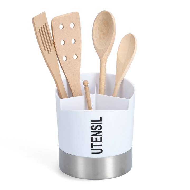 Utensil holder, plastic/stainless steel, white for wholesale on Faire1