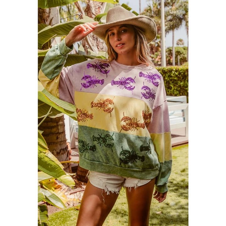 Sudadera de Mardi Gras lavada con lentejuelas y cangrejo de río para venta al por mayor de IVE